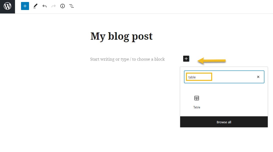adding the table block in WordPress