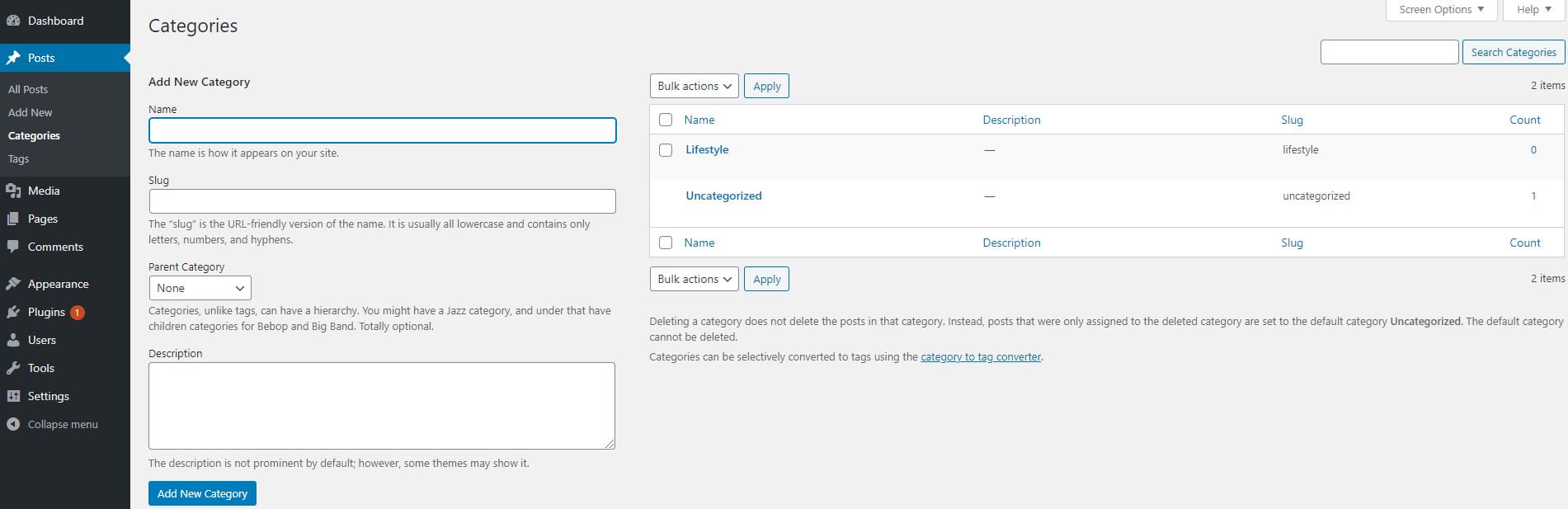 Create WordPress categories in the dashboard