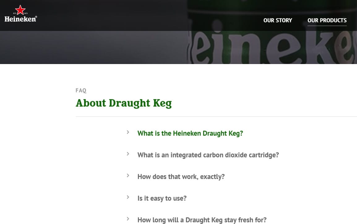 Heineken product FAQ accordion