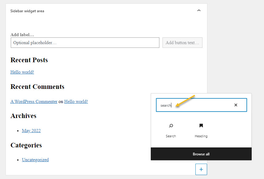 Looking for the search block inside the block inserter