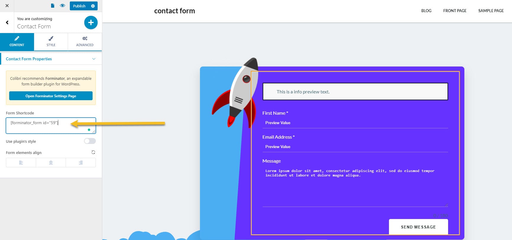Paste the contact form shortcode