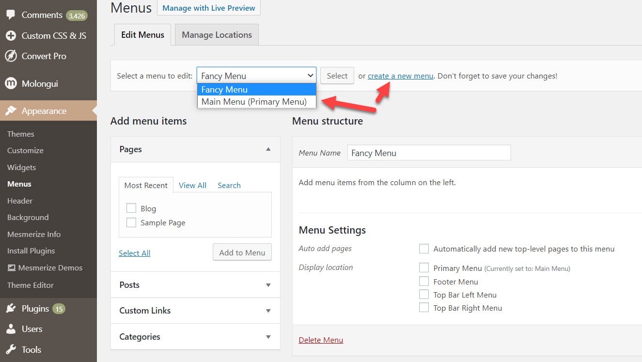 Select or create a WordPress menu