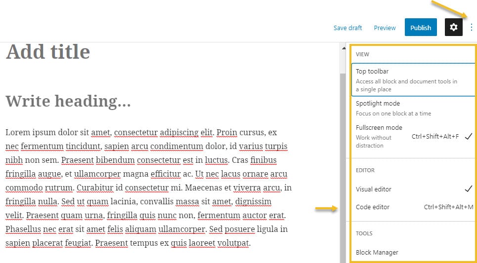 Settings in Gutenberg and HTML editing