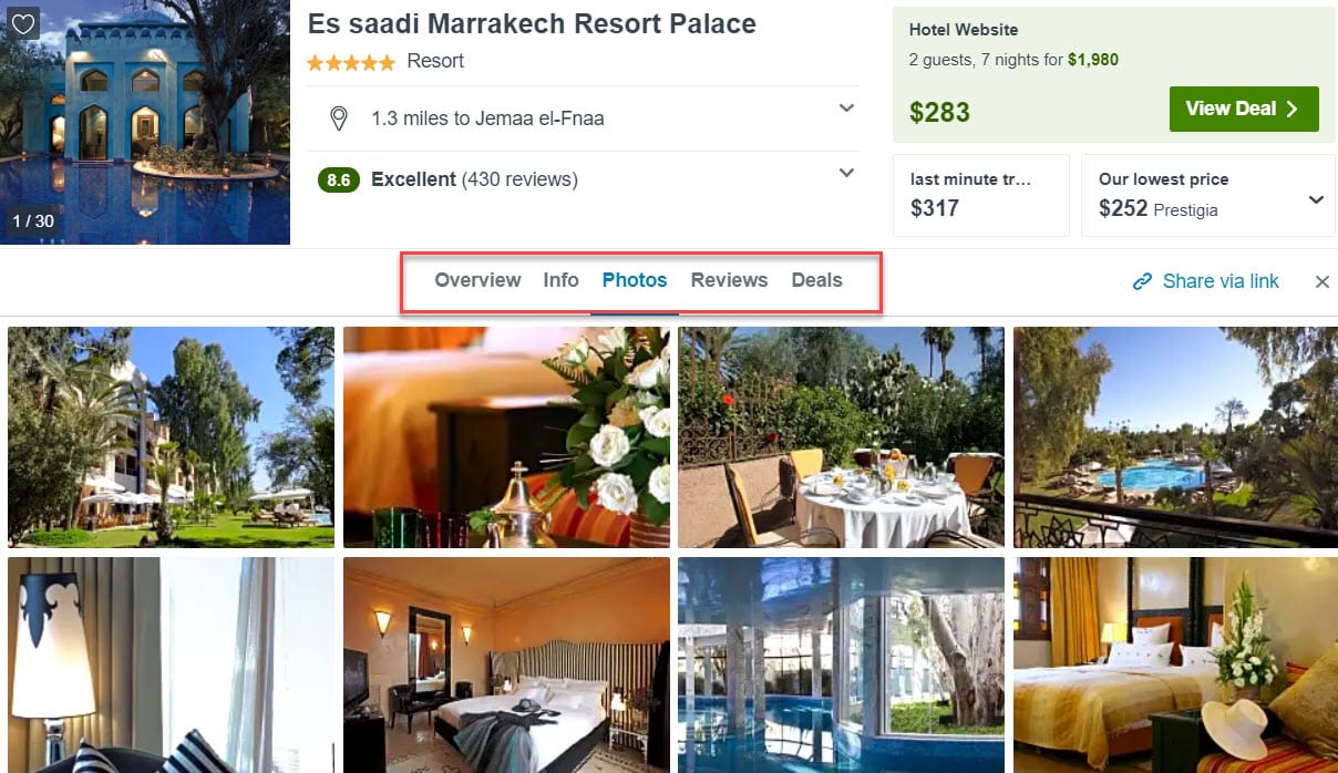 Tabs used by Trivago