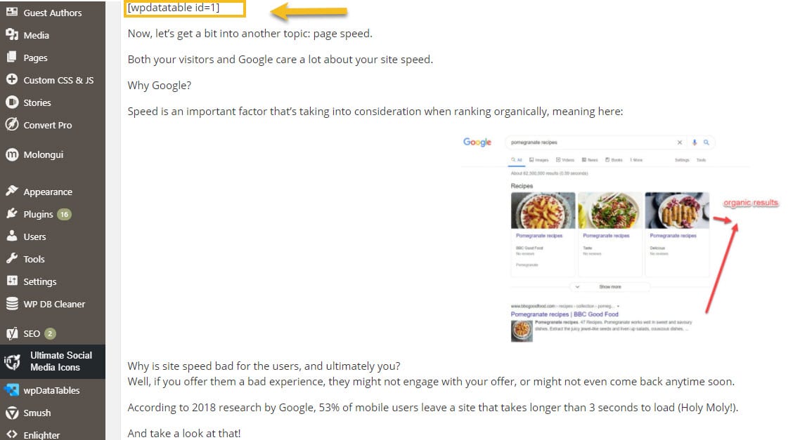 Using shortcodes to insert tables inside WordPress websites