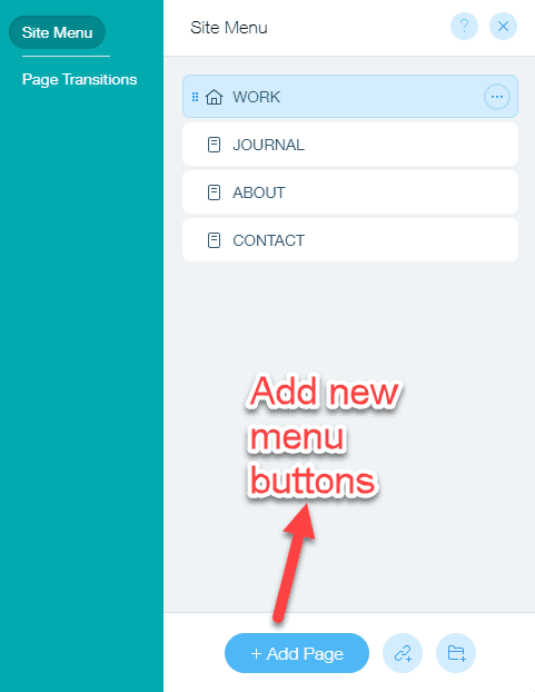 adding new menu items in Wix