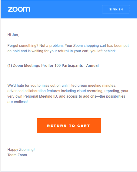 Zoom return to cart message