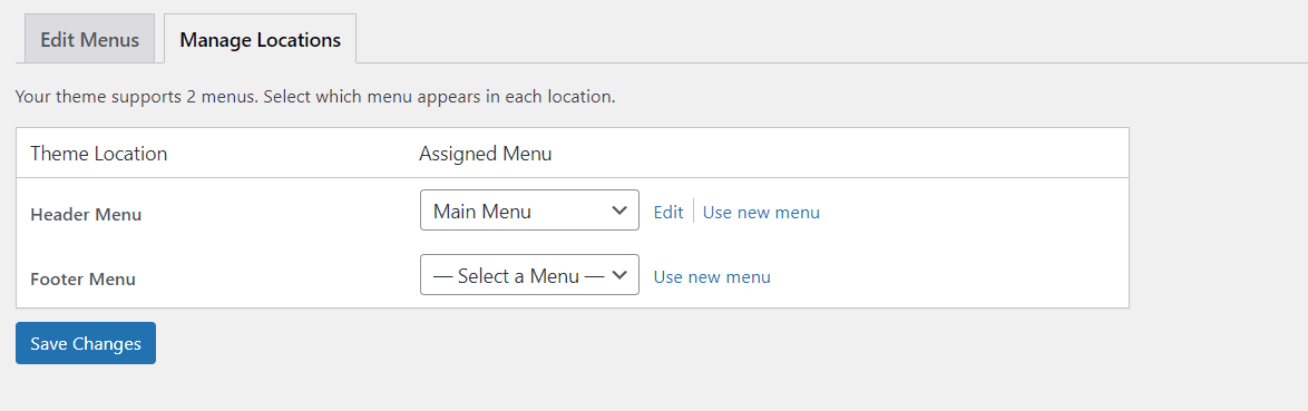 WordPress menu locations