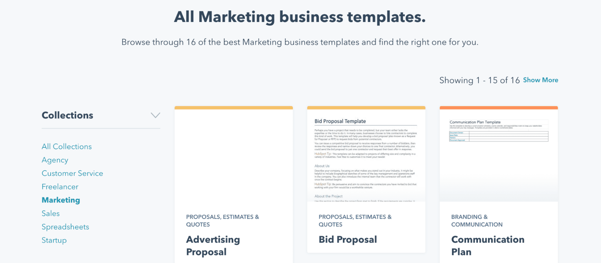 Screenshot of HubSpot marketing business templates