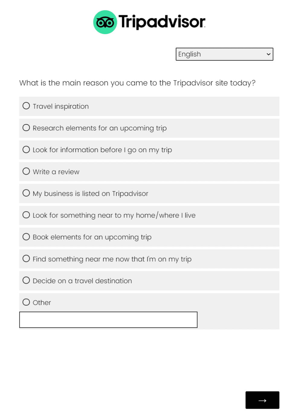 Screenshot of a customer discovery survey on TripAdvisor.com