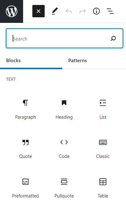 Default Gutenberg blocks