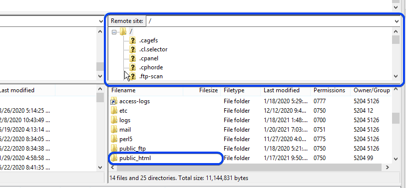 select public_html folder in the FileZilla client