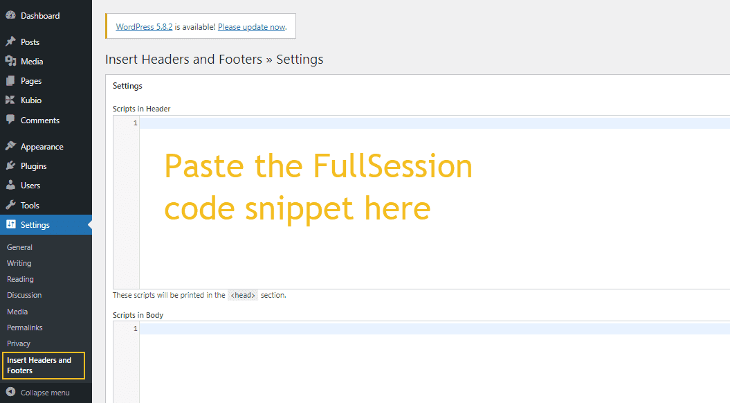 paste FullSession code snippet in WordPress